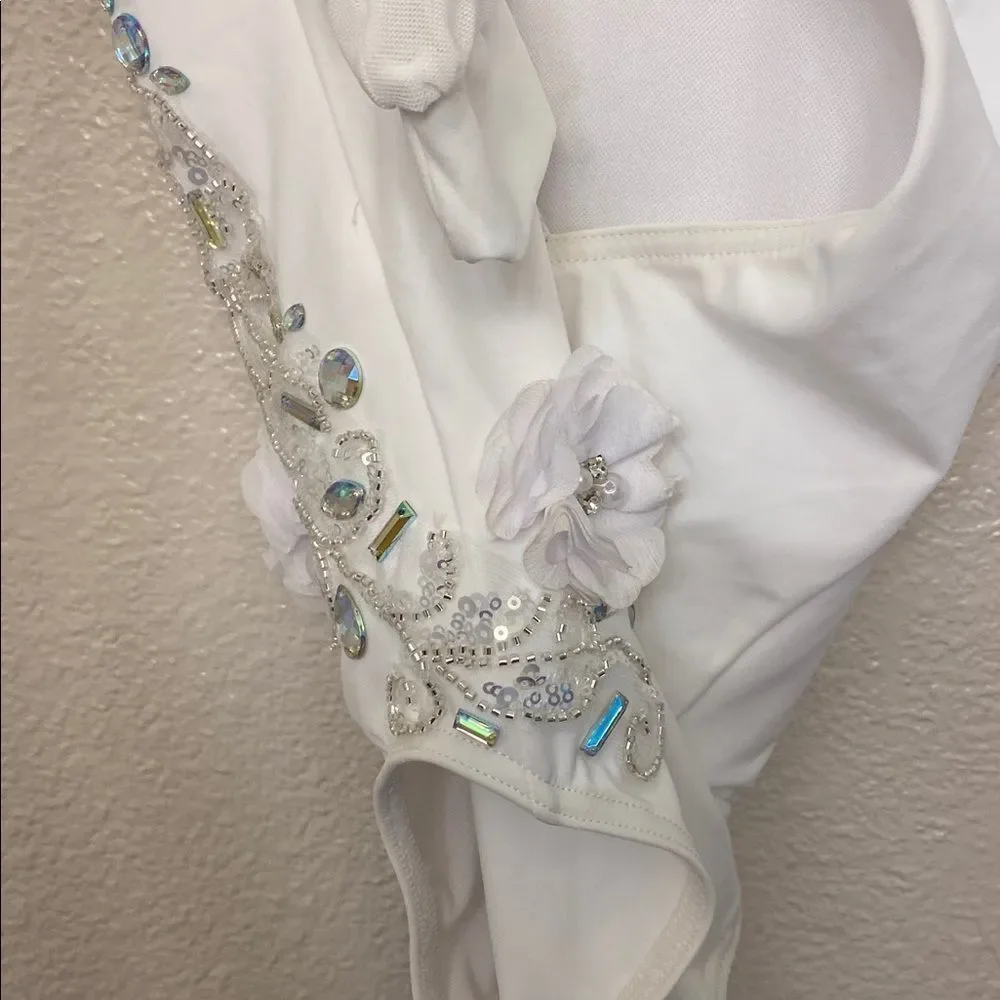 Weissman Balera solo Dance costume white custom poet sleeve Leotard MT11449 SC 6